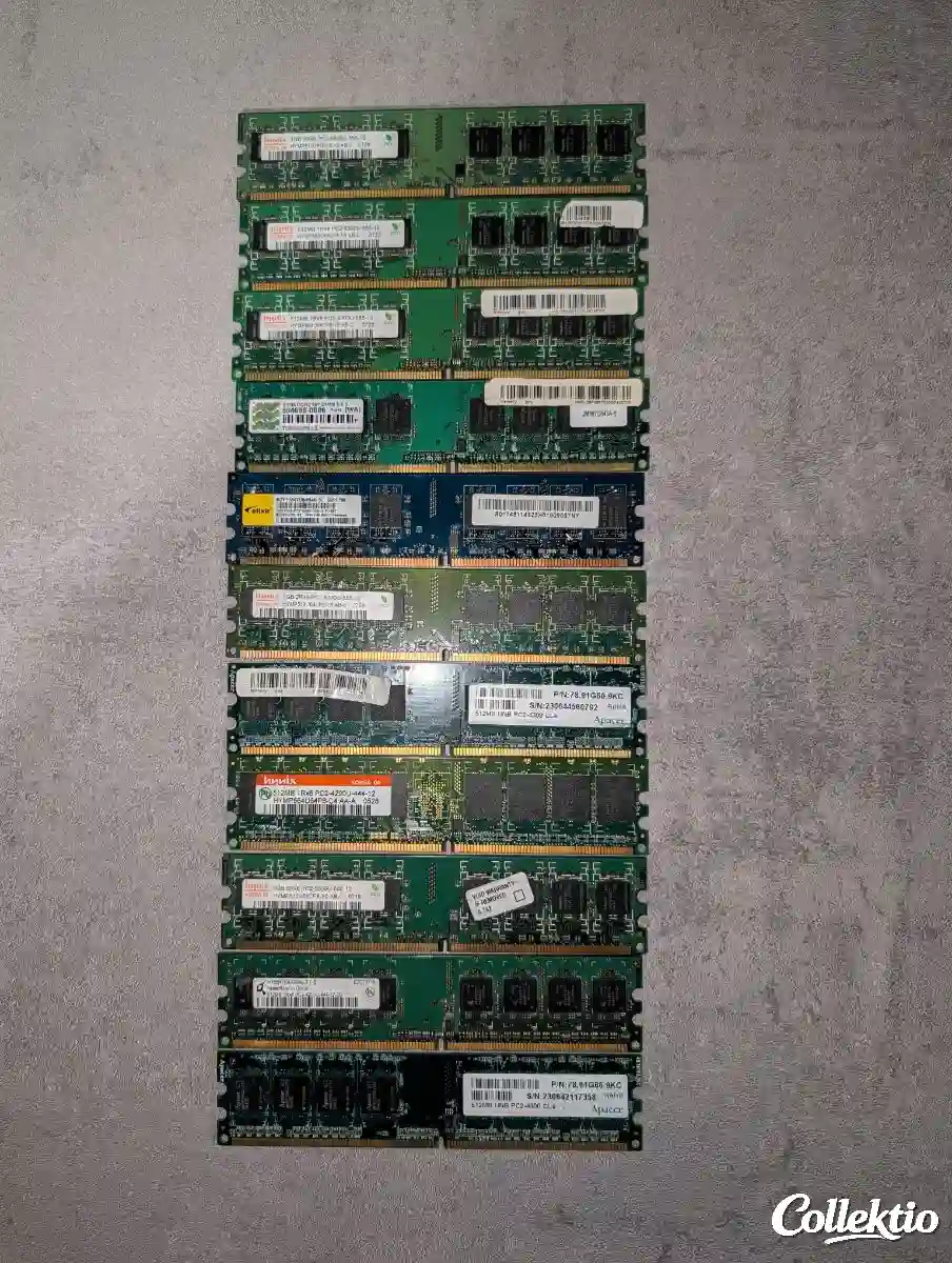 Lot 11 barrettes RAM DDR2 PC Fixe (7,5 Go total) - Hynix, Apacer, Elixir